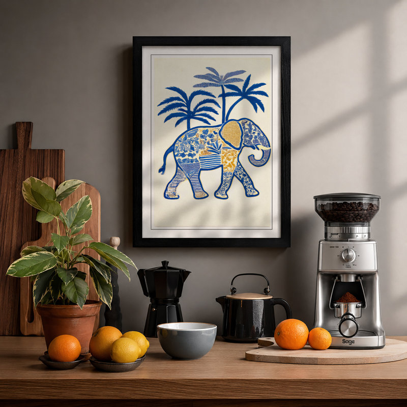 Elephant with Palms Boho 1 Piece Single Picture Frame Wall Art, A4 - 29.7 x 21.0 cm, Black
