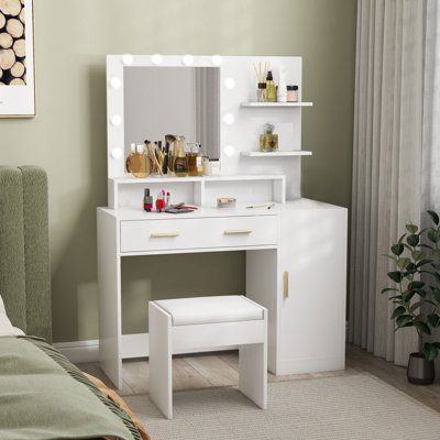 Vanity Table Set, Makeup Table with Stool, LED Mirror and Storage
