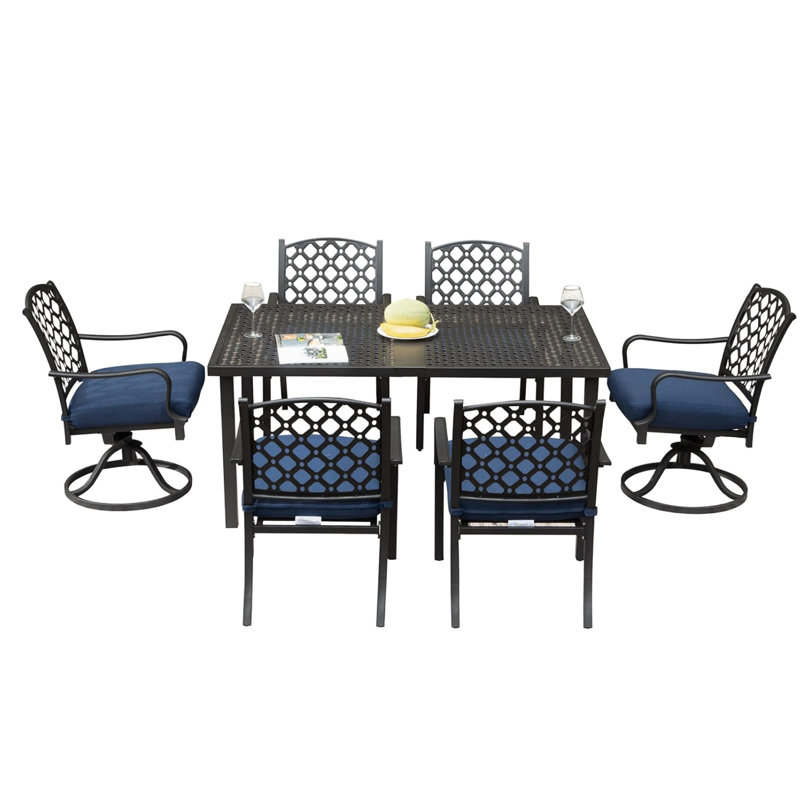 7 Pcs Patio Dining , Metal With Navy Blue Cushions, Iron For Outdoor Lawn Use Pcs, & Table, Yard