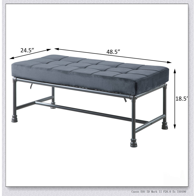Industrial-Style Tufted Bench with Grey Velvet Upholstery and D20 Density Foam for Comfort and Durability