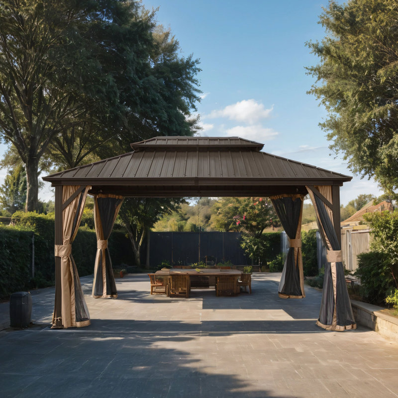 Aluminum Patio Hardtop Gazebo, Brown, 113.88" H x 144" W x 120" D
