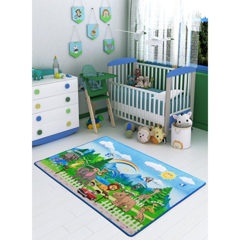 Tapis bleu / vert touffeté à la machine Rectangle Arrighetto, Rectangle 4 pi 4 po x 6 pi 3 po