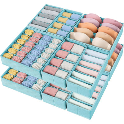 Ensemble de 12 organisateurs de tiroirs - 114 diviseurs pliables en tissu pour commode pour vêtements, chaussettes, soutiens-gorge, sous-vêtements, cravates, ceintures et foulards, bacs de rangement non tissés pour chambre à coucher et dortoir