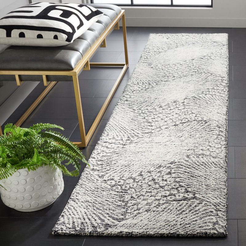 Dietwald Hand Tufted Wool Cotton with Latex Abstract Rug in Ivory/Black, Runner 2'3" x 9'