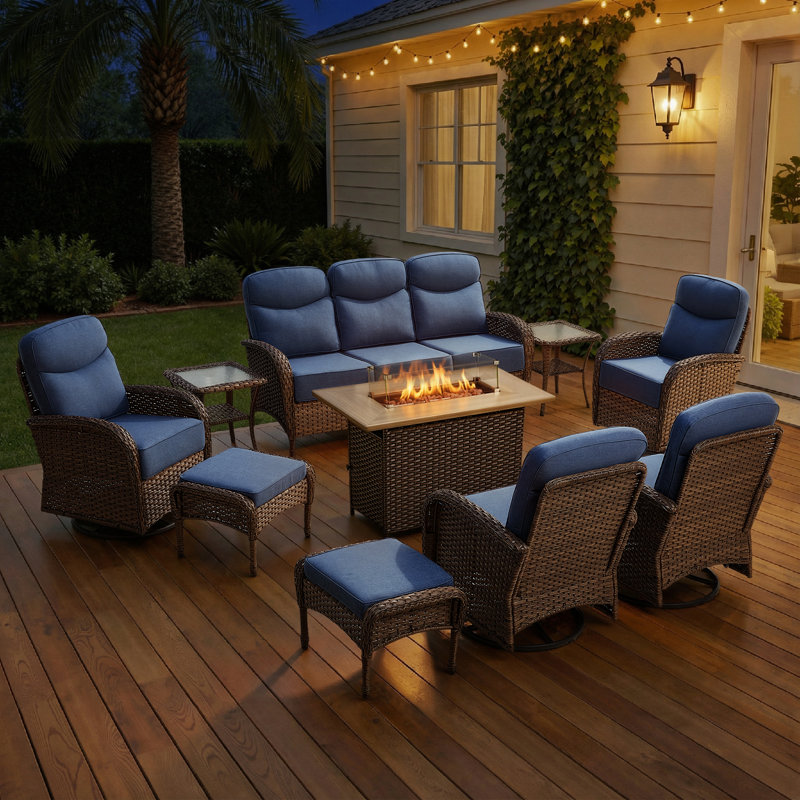 10-Piece Outdoor Wicker Garden Family Night Time Conversation Set With Swivel Chairs And Fire Pit Table, Blue
