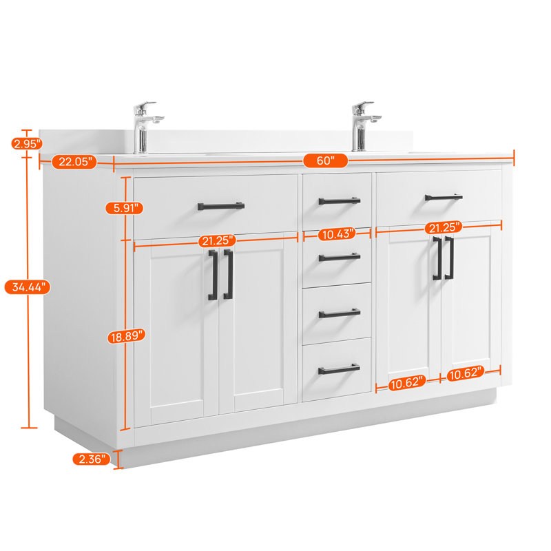 Meuble-lavabo de 60 po avec lavabo encastré en céramique certifié CUPC, Blanc
