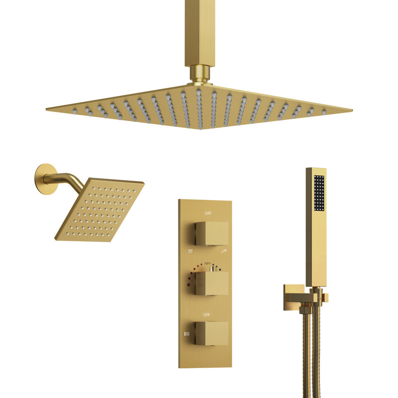 Système de pomme de douche double thermostatique au plafond, robinet de douche à pluie haute pression 12 po avec douchette
