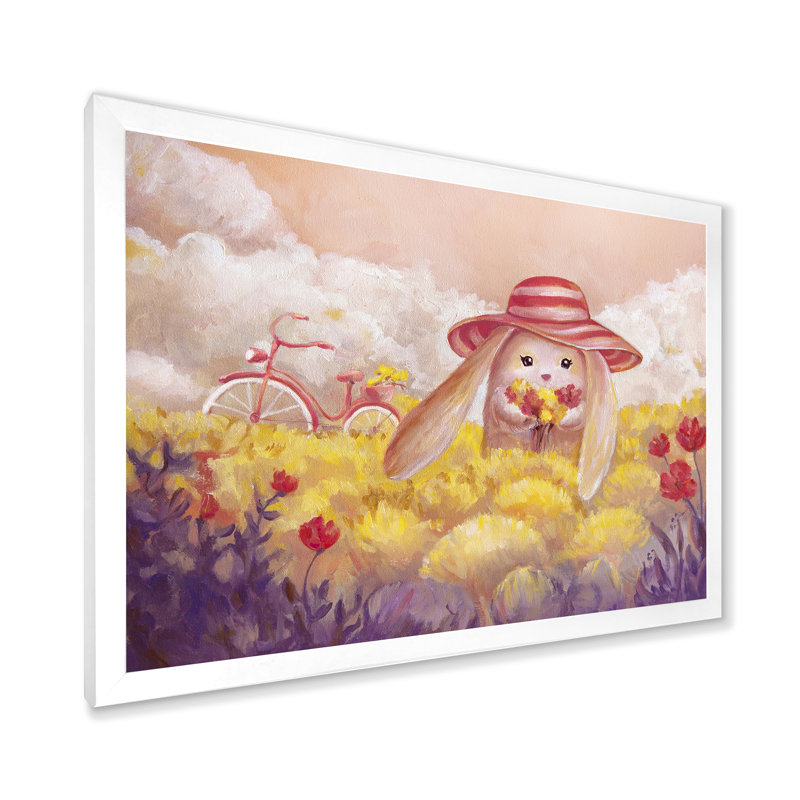 Petit lapin avec des fleurs - Peinture sur toile, H 30 po x l 40 po x 1,5 po, Cadre photo blanc