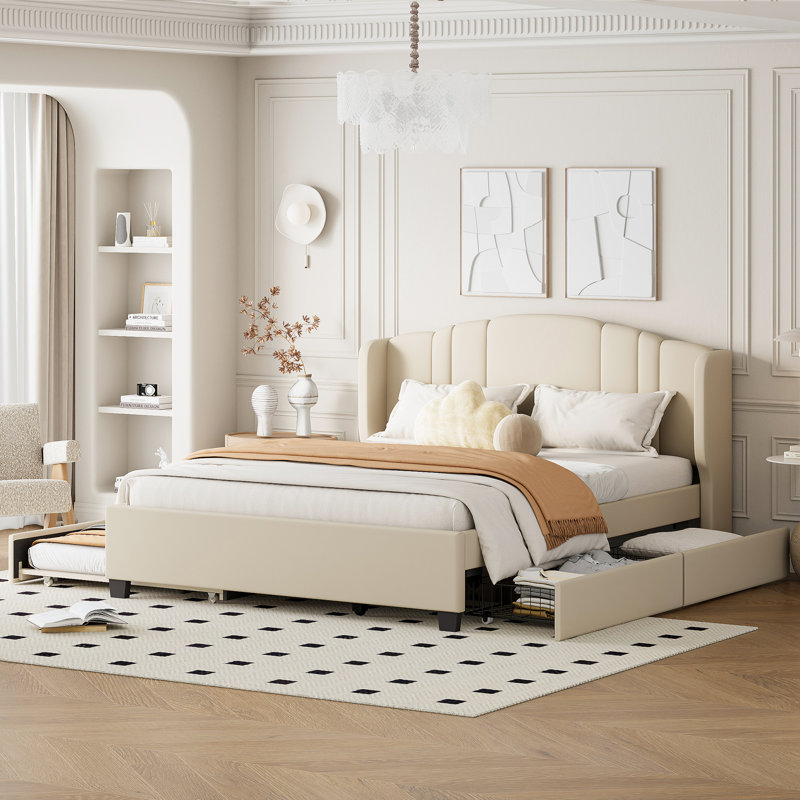 Upholstered Platform Bed With Wingback Headboard, One Trundle And 2 Drawers, No Box Spring Needed, Linen Fabric, Size,, Beige
