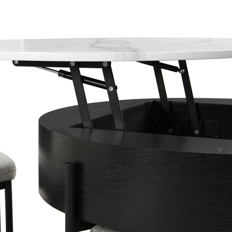 Table basse moderne à plateau relevable avec rangement et 3 repose-pieds blanc et noir, Black