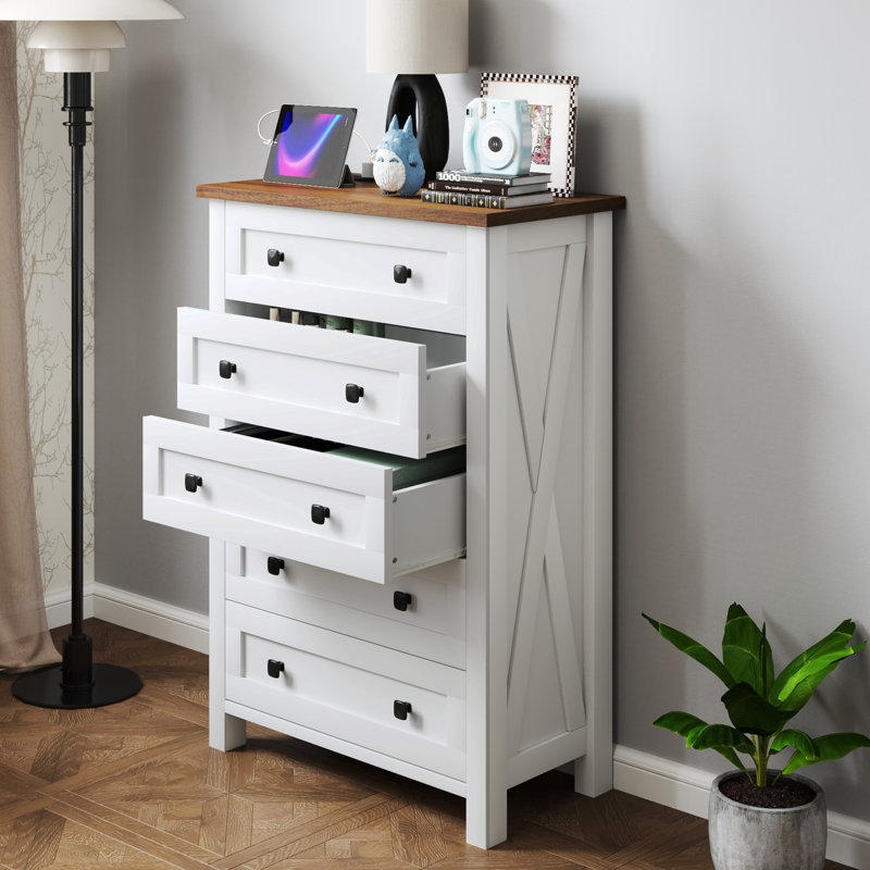 Commode blanche moderne à 5 tiroirs avec prises USB et prises, Blanc / Brun