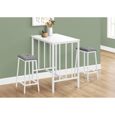 3pcs Counter Height Bistro Dining Assembly - Fashionable 36" Rectangular White Laminate Table With Metal Structure And Bewitching Grey Cushioned Stool