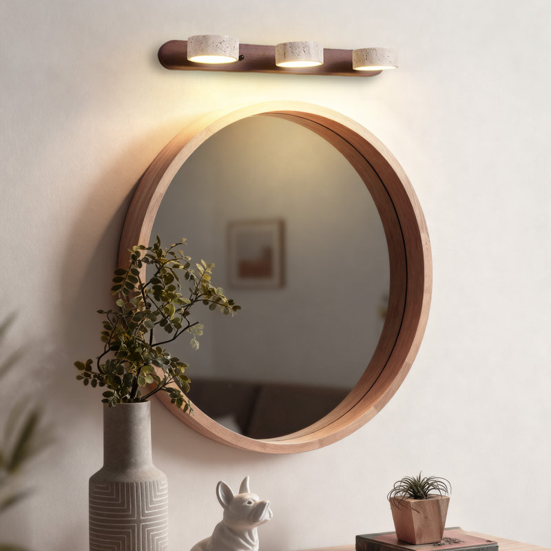 Modern 3-Light Adjustable Wall Sconce with Travertine Stone Shades and Walnut Wood Backplate, Dimmable LED Vanity Light