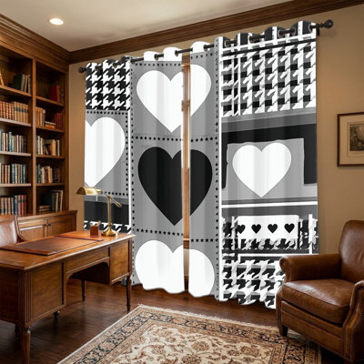 2Pcs Black and White Houndstooth Heart-Pattern Curtains, Minimalist Style Curtain, Geometric Graphic Print Grommet Drapes, Window Treatment for Bedroom Living Room Decor