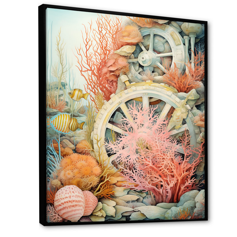 «Coral Pirate Wheel Memory I - Beach and Ocean Wall Art Living Room», Encadrement doré, H 44 po x l 34 po