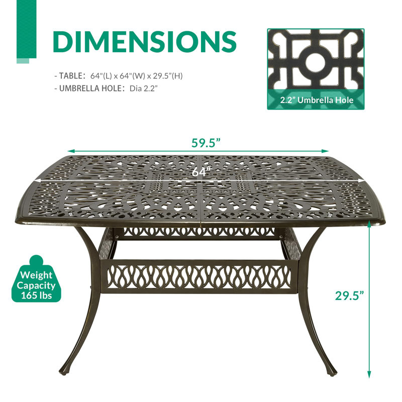 Large Dark Bronze Cast Aluminum Square Patio Dining Table with Umbrella Hole