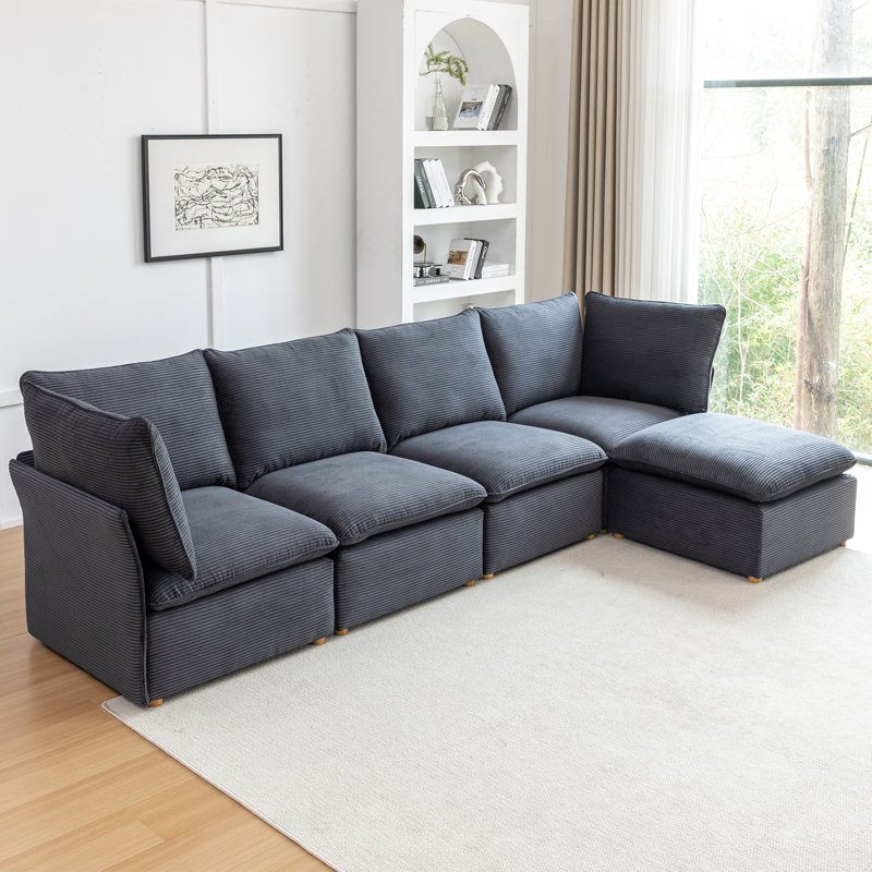 Hepworth Dejohn Corduroy Sectional Sofa With Ottoman, 36" H x 125" W x 62.5" D, Gray Corduroy