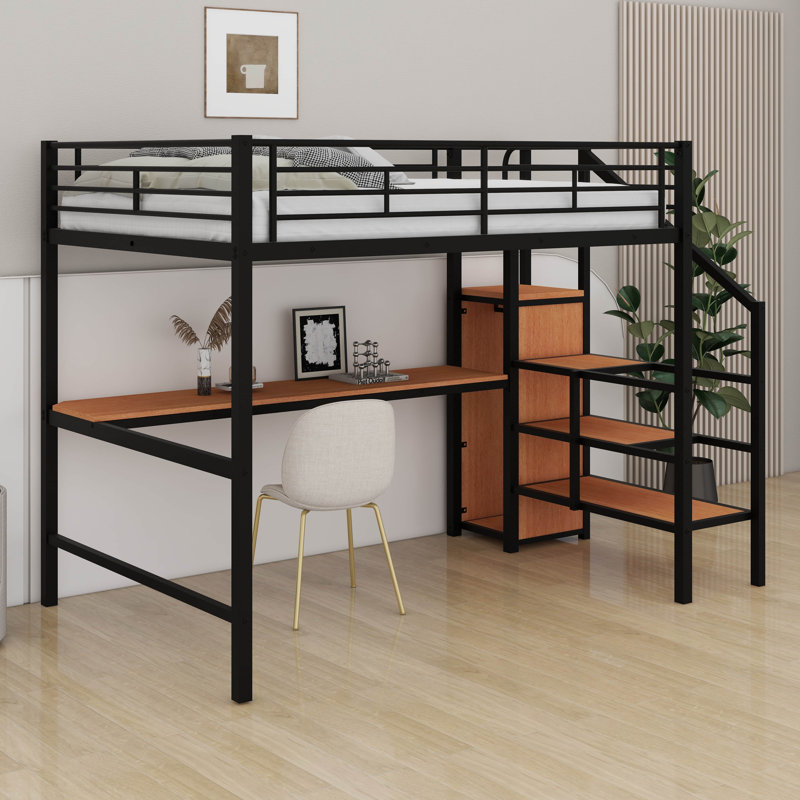 Lit mezzanine double avec bureau et escalier de rangement, lit mezzanine en métal avec lumières DEL et petite armoire, Noir