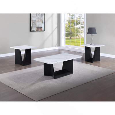 Ensemble de table basse moderne 3 pièces Table de bout Table de bout luxueuse avec faux-marbre et base angulaire noire Meuble de salon en bois blanc