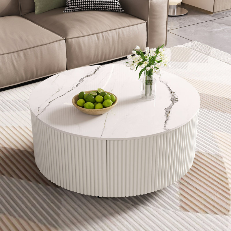 Table basse ronde mobile avec roulettes, 2 tiroirs, plateau en pierre frittée à motif marbré, 29,5 po