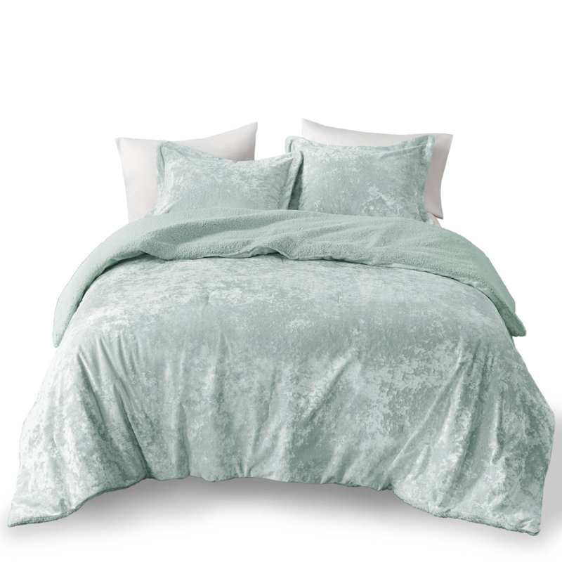 Ensemble d'édredon réversible en velours écrasé Mira, Édredon double / grand + 2 taies décoratives sta, Turquoise