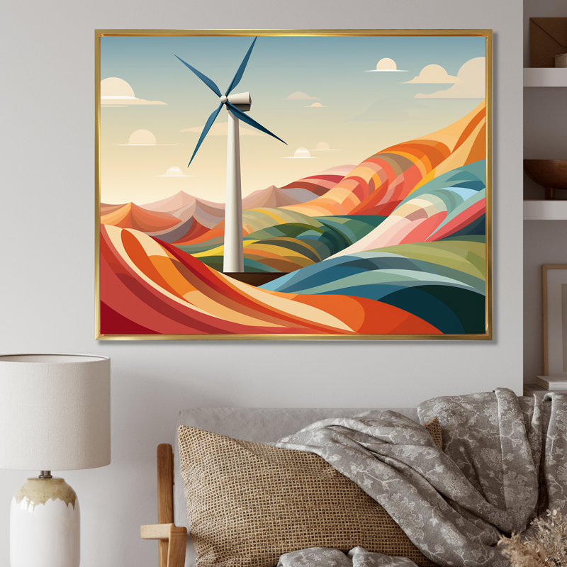 «Green Holland Windturbine Meadow Views II - Wind Turbines», art mural, Cadre flottant doré, H 30 po x l 40 po x P 1,5 po