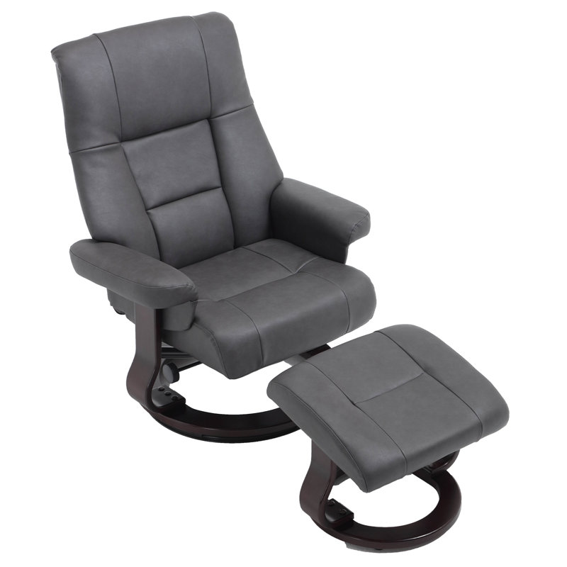 24" W Faux Leather Swivel Push-Back Recliner with Ottoman, Black/Gray