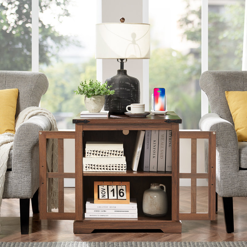 Keyaun 24"W Farmhouse Square End Table with Charging Station& Barn Glass Door, Adjustable Storage Shelf, Brown