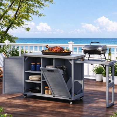 Îlot de cuisine d'extérieur de 199 cm avec table de barbecue pliable, chariot de barbecue en bois avec rangement pour poubelle et plateau en acier inoxydable, chariot de bar extérieur, table four à pizza pour pelouse et jardin, gris-bleu