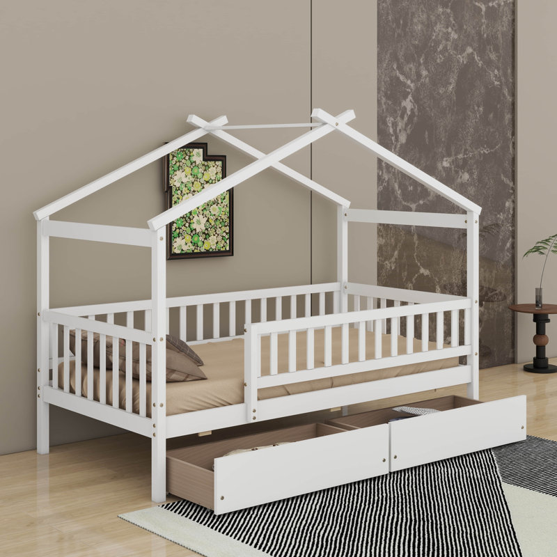 Lit simple en bois avec tiroirs, Blanc