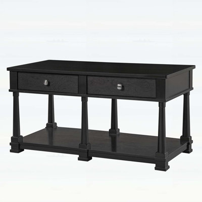 Farmhouse Wooden Coffee Table with 2 Storage Drawers & Lower Open Shelf, Rectangular Cocktail Table for Living Room