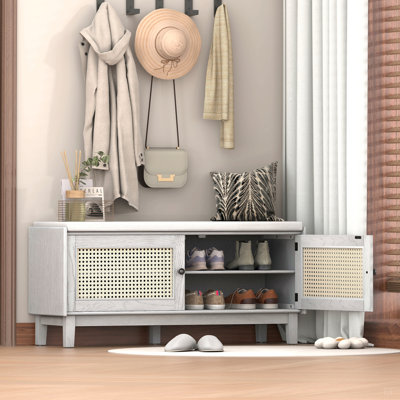 Banc d'entrée en rotin avec rangement Boho, banc à chaussures rembourré avec portes doubles, banc de rangement en bois