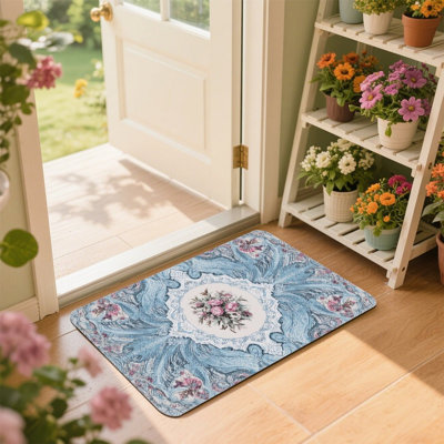 Blue Floral Medallion Doormat, 24 x 36, for Front Door