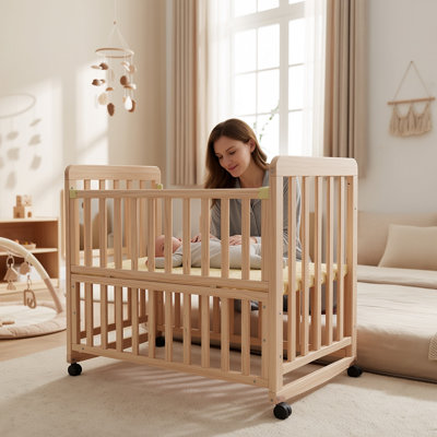 Pine Wood Bedside Baby Bassinet, 3-Height Adjustable Portable Convertible Crib with Mattress for 0-36 Months Newborns（without Mattress）