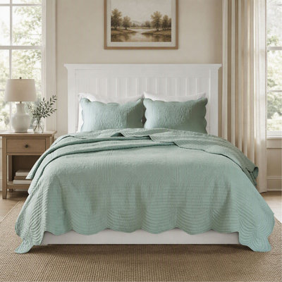 Quilt Set, 3-Piece Reversible Scalloped Edge - Seafoam - King/Cal King