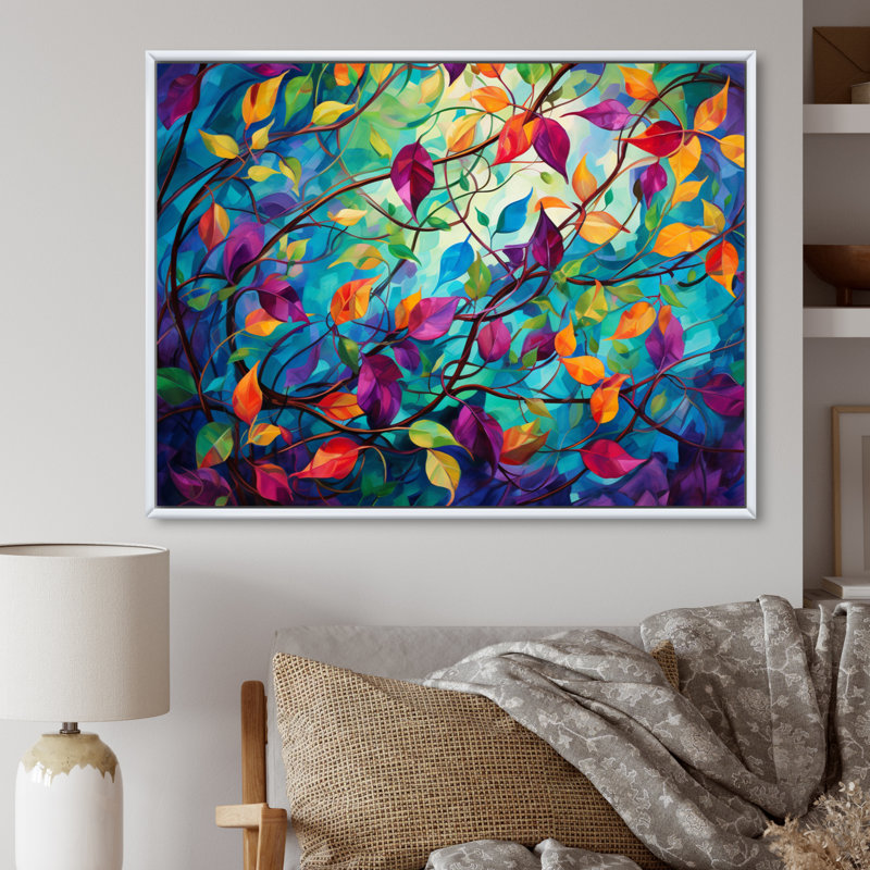 Multicolor Vibrant Vines I - Abstract Botanicals, art mural, H 12 po x l 20 po x P 1 po, Cadre flottant blanc