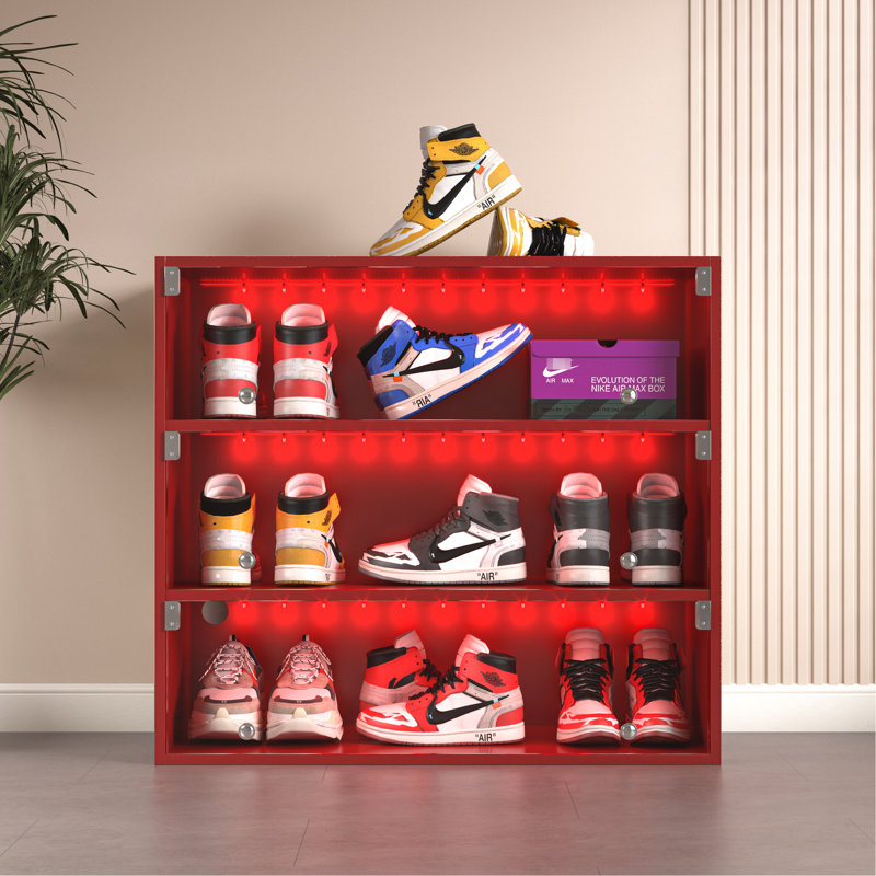 Shoe Box Cabinet With Red Led & Glass - Accommodates 9 Pairs, Protection, American Design, Wood 3-Layer Doors, Red