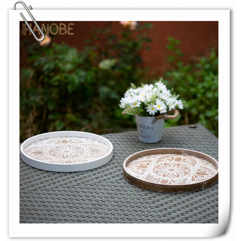 Brown Floral Pattern Round Wooden Serving Tray