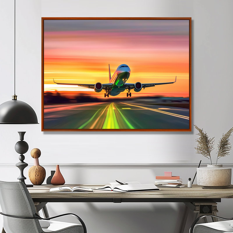 Coucher de soleil sur l'avion sur le tarmac II - Avion, art mural sur toile, 24" H x 32" W, Cadre flottant brun