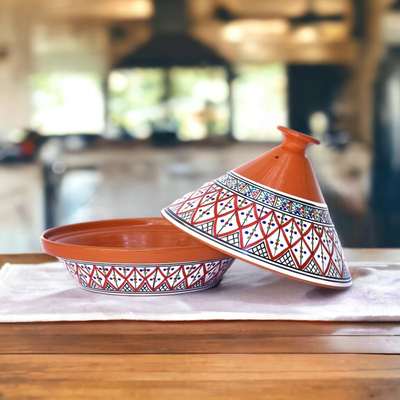 Tajine suprême marocain Kamsah - grand 5,5 pintes, céramique peinte à la main rouge, 8 pintes, Rouge