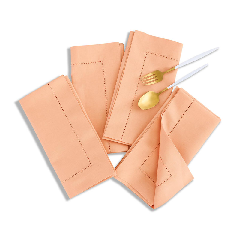 Cotton Linen Hemstitch Dinner Napkins, Peach Bloom