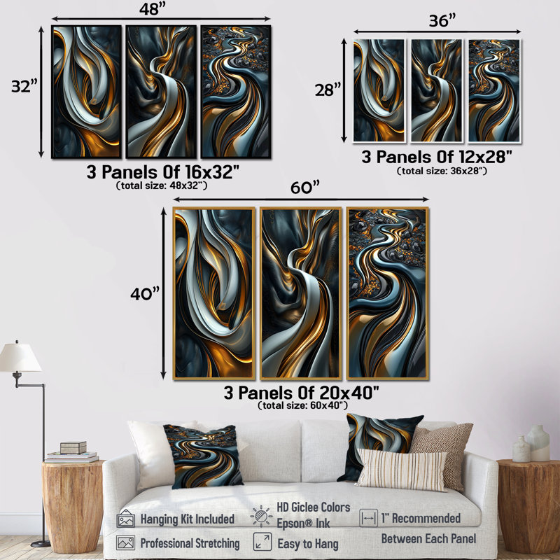 Tourbillon abstrait dans des tons d'or et de noir I - Collection d'art mural moderne, 28" H x 36" W, Toile tendue