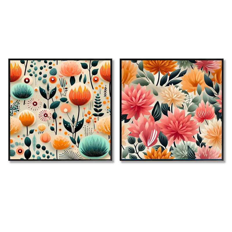 Motif floral multicolore à motif géométrique contemporain - ensemble de 2 carrés botaniques abstraits, Cadre flottant noir