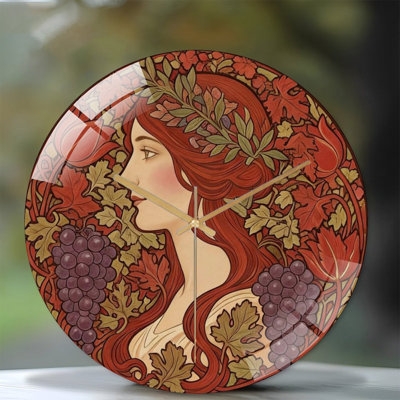 Horloge murale 12 po ronde en verre trempé - inspirée d'Alphonse Mucha, quartz silencieux