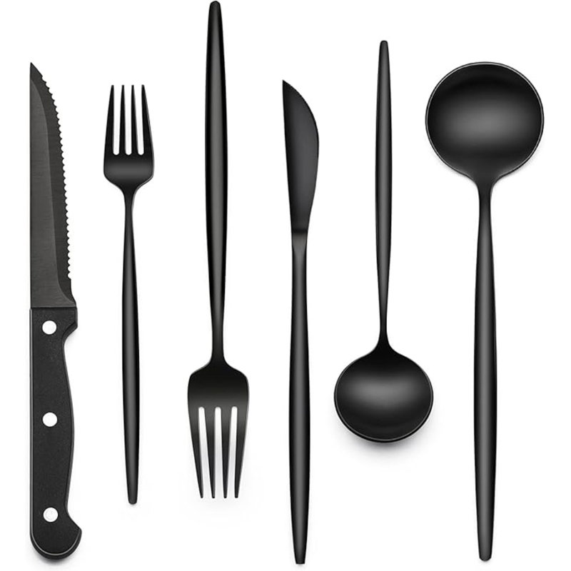 Ensemble de couverts noirs avec couteaux à steak, ensemble de couverts noirs en acier inoxydable 24 pièces pour 4 personnes, ensemble de couverts de qualité alimentaire, ensembles d'ustensiles pour la maison, finition miroir, va au lave-vaisselle