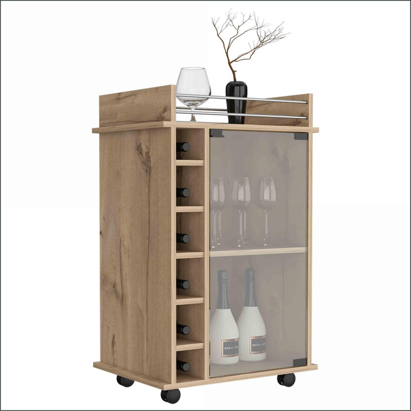 Chariot-bar Dukat avec deux tablettes, six casiers à vin et roulettes verrouillables - Chêne clair | Moderne | Rectangulaire
