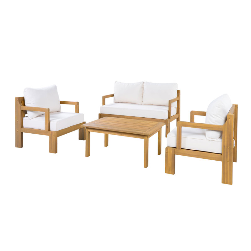 Sevara Modern Coastal Outdoor Acacia Wood Patio Chat Set With Water-Repellent Cushions, Deep Seating And Curved Back Design