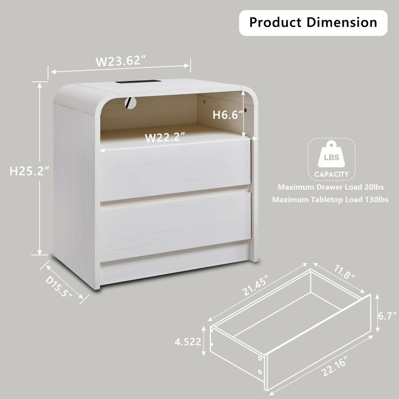 Table de bout haute 25 po avec 2 tiroirs de rangement, Blanc, 2
