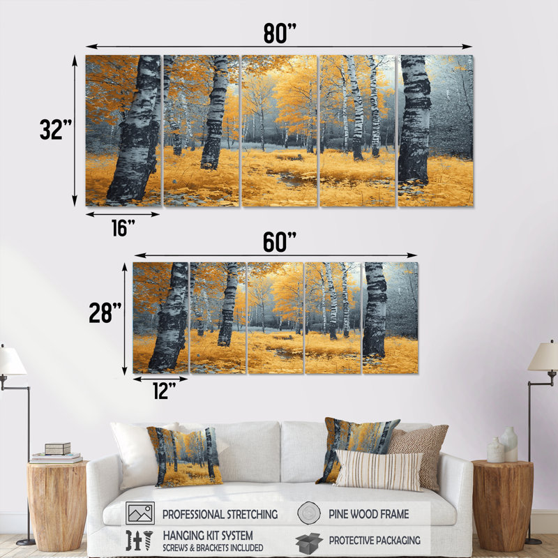 Autumn Birch Trees Forest Panorama - ensemble de décoration murale forêt, H 32 po x l 80 po