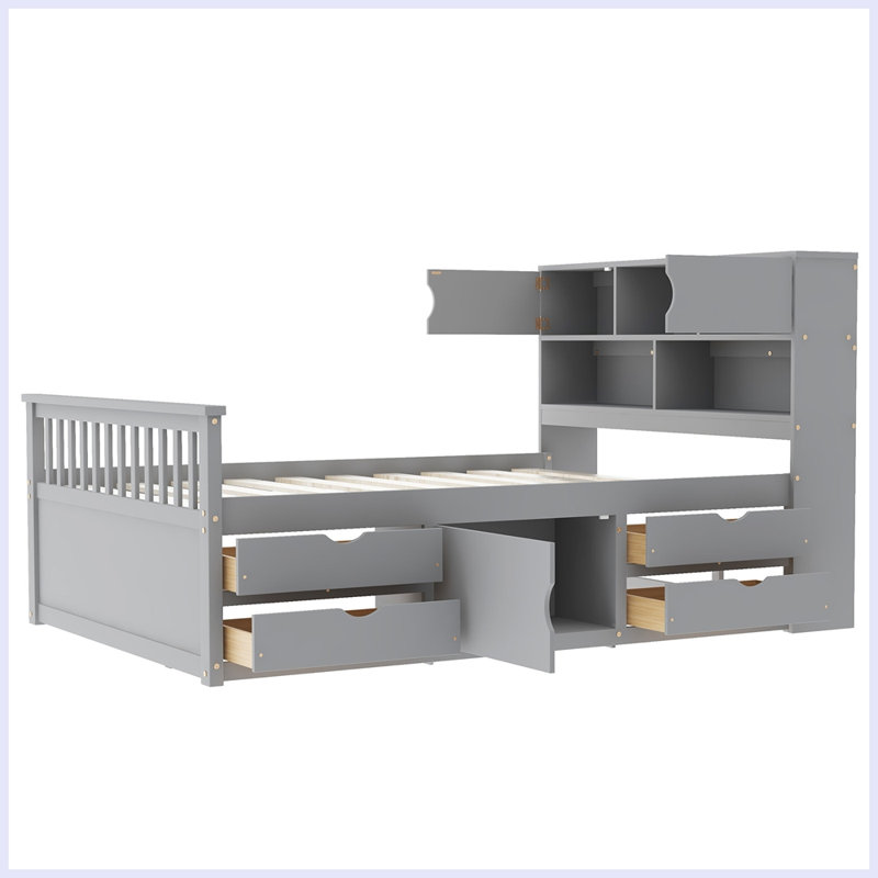 Base de lit plateforme moderne avec bibliothèques de rangement et tablettes, Gris, Double